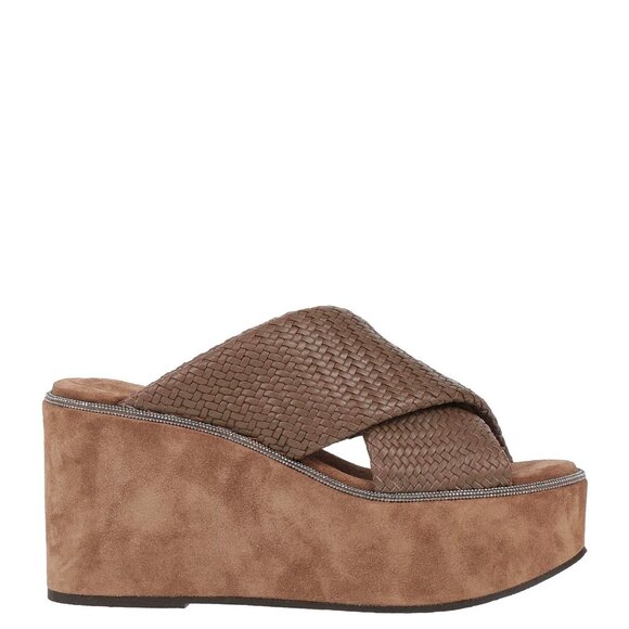 $1550 BRUNELLO CUCINELLI WOVEN LEATHER BROWN PLATFORM SANDALS WITH MONILI 37 - Picture 3 of 10